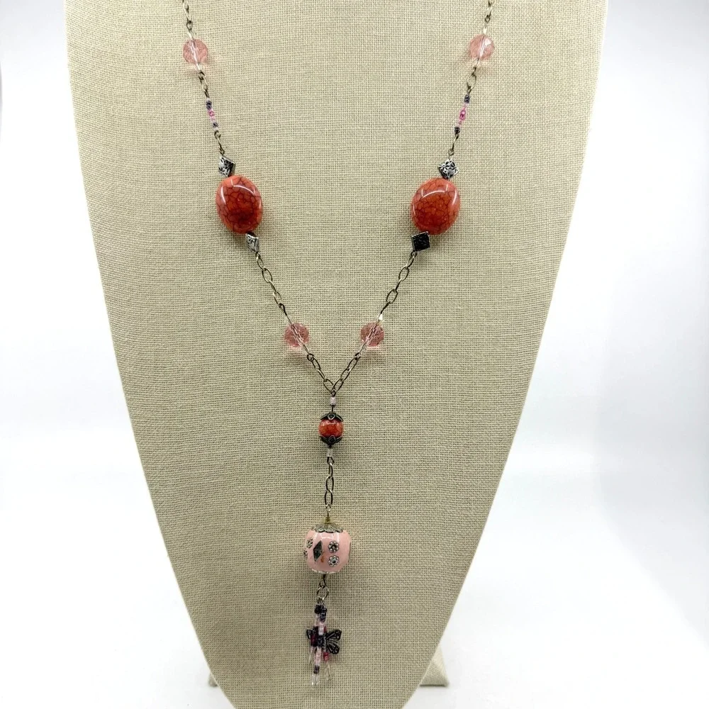 Pink Orange Beaded Butterfly Tassel Long Pendant Necklace Boho Cottagecore Y2K